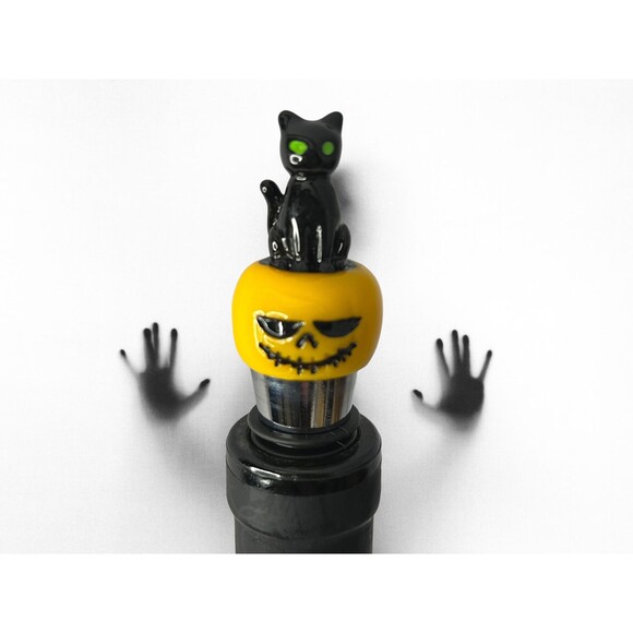 Black Cat and Jack-o-Lantern Halloween Wine Bottle Stopper Decoration - Picture 1 of 6